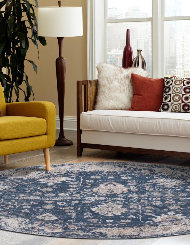 Blue 3' 1 x 3' 1 Portland Round Area Rug 85% Polypropylene & 15% Polyester Vintage Distressed Traditional Carpet for Home Decor for Sale at Rug Engine