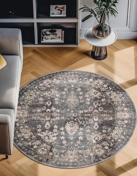 Gray 7' 1 x 7' 1 Portland Round Area Rug 85% Polypropylene & 15% Polyester Vintage Distressed Traditional Carpet for Home Decor for Sale at Rug Engine