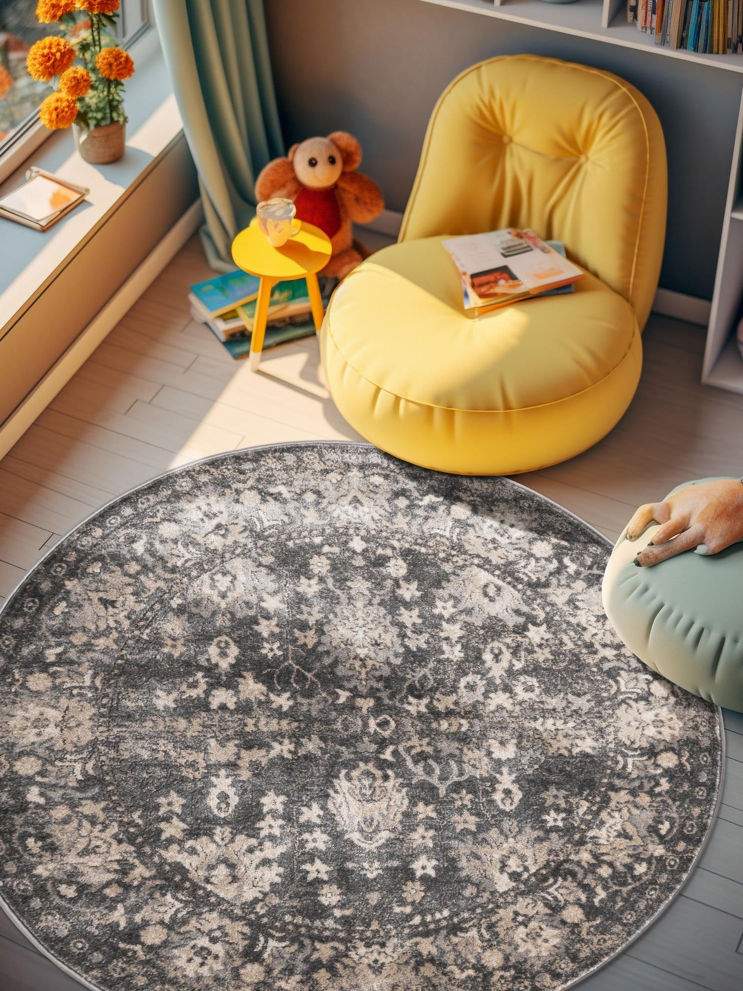 Gray 7' 1 x 7' 1 Portland Round Area Rug 85% Polypropylene & 15% Polyester Vintage Distressed Traditional Carpet for Home Decor for Sale at Rug Engine