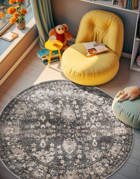 Gray 5' 3 x 5' 3 Portland Round Area Rug 85% Polypropylene & 15% Polyester Vintage Distressed Traditional Carpet for Home Decor for Sale at Rug Engine