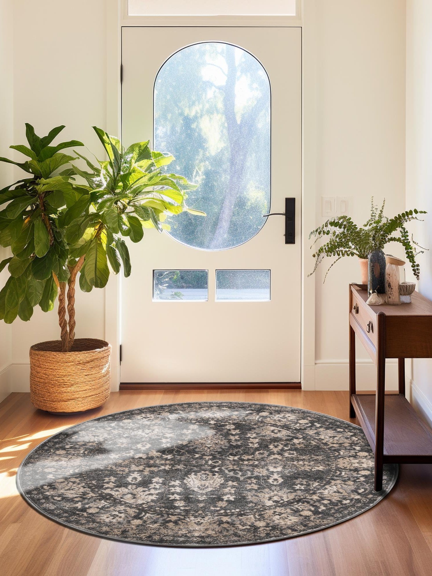 Gray 7' 1 x 7' 1 Portland Round Area Rug 85% Polypropylene & 15% Polyester Vintage Distressed Traditional Carpet for Home Decor for Sale at Rug Engine