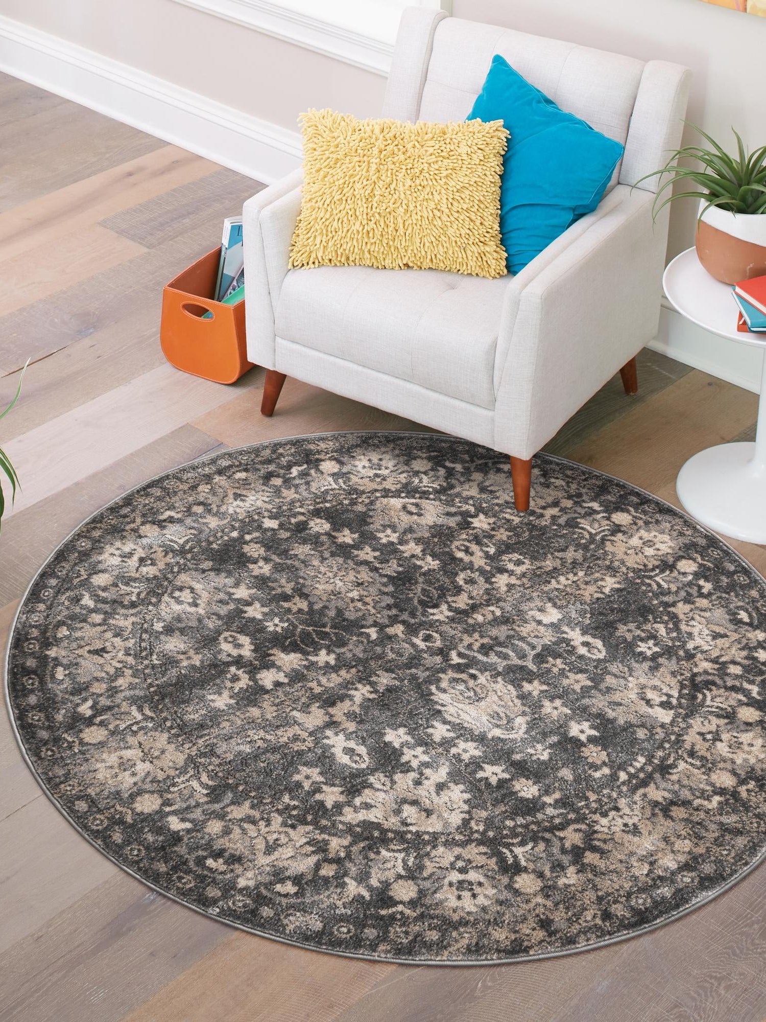 Gray 7' 1 x 7' 1 Portland Round Area Rug 85% Polypropylene & 15% Polyester Vintage Distressed Traditional Carpet for Home Decor for Sale at Rug Engine