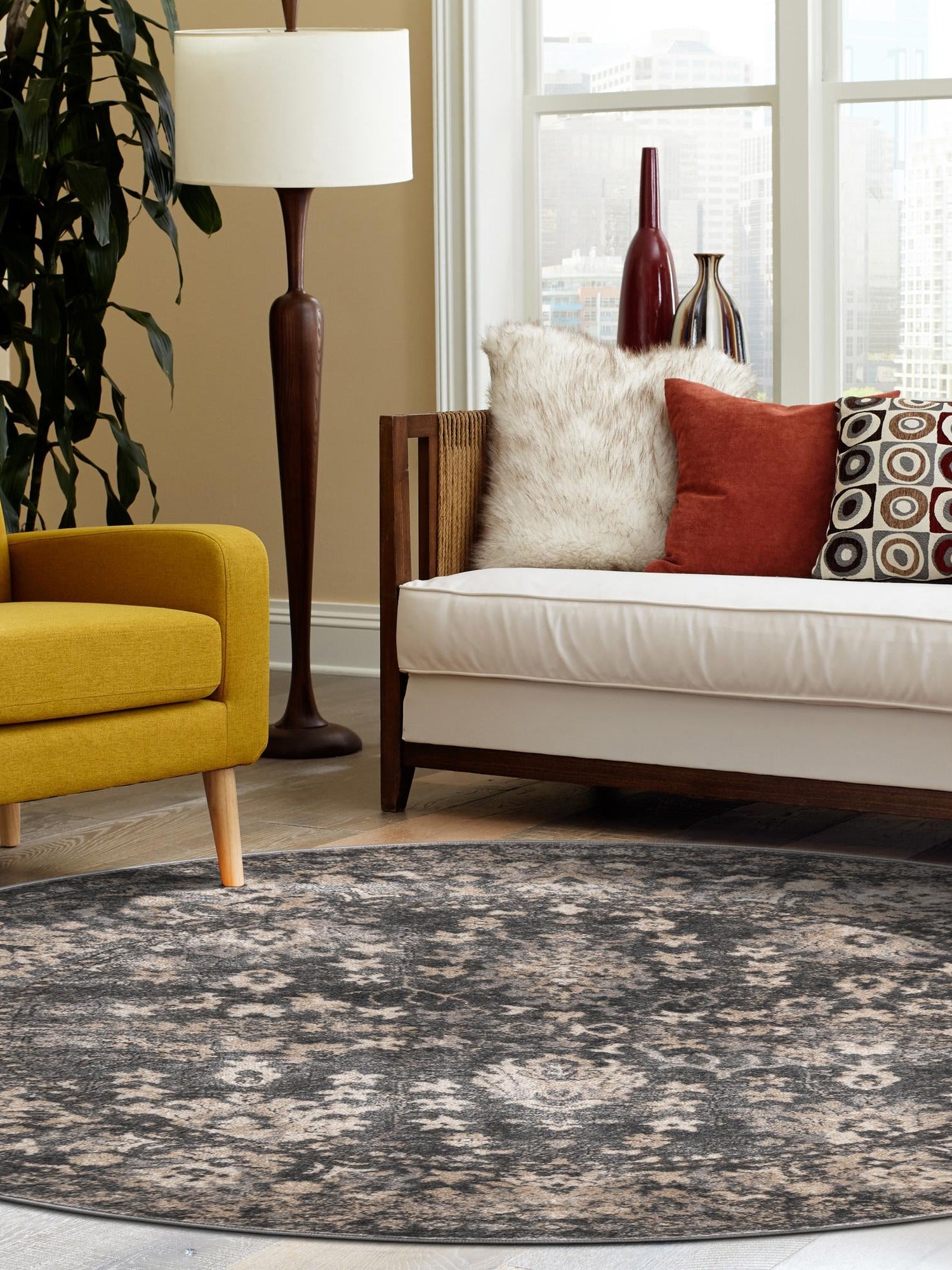 Gray 7' 1 x 7' 1 Portland Round Area Rug 85% Polypropylene & 15% Polyester Vintage Distressed Traditional Carpet for Home Decor for Sale at Rug Engine