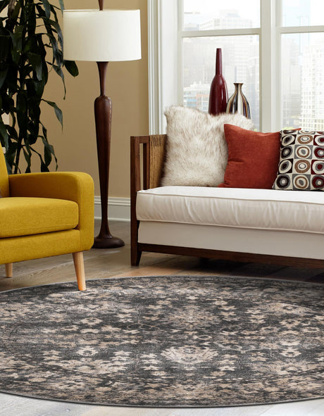 Gray 7' 1 x 7' 1 Portland Round Area Rug 85% Polypropylene & 15% Polyester Vintage Distressed Traditional Carpet for Home Decor for Sale at Rug Engine
