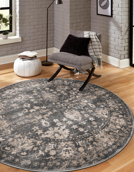Gray 3' 1 x 3' 1 Portland Round Area Rug 85% Polypropylene & 15% Polyester Vintage Distressed Traditional Carpet for Home Decor for Sale at Rug Engine