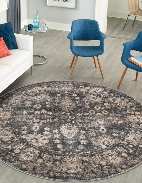 Gray 3' 1 x 3' 1 Portland Round Area Rug 85% Polypropylene & 15% Polyester Vintage Distressed Traditional Carpet for Home Decor for Sale at Rug Engine