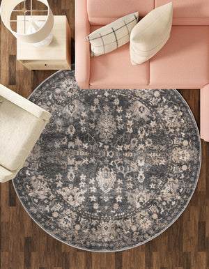 Gray 3' 1 x 3' 1 Portland Round Area Rug 85% Polypropylene & 15% Polyester Vintage Distressed Traditional Carpet for Home Decor for Sale at Rug Engine