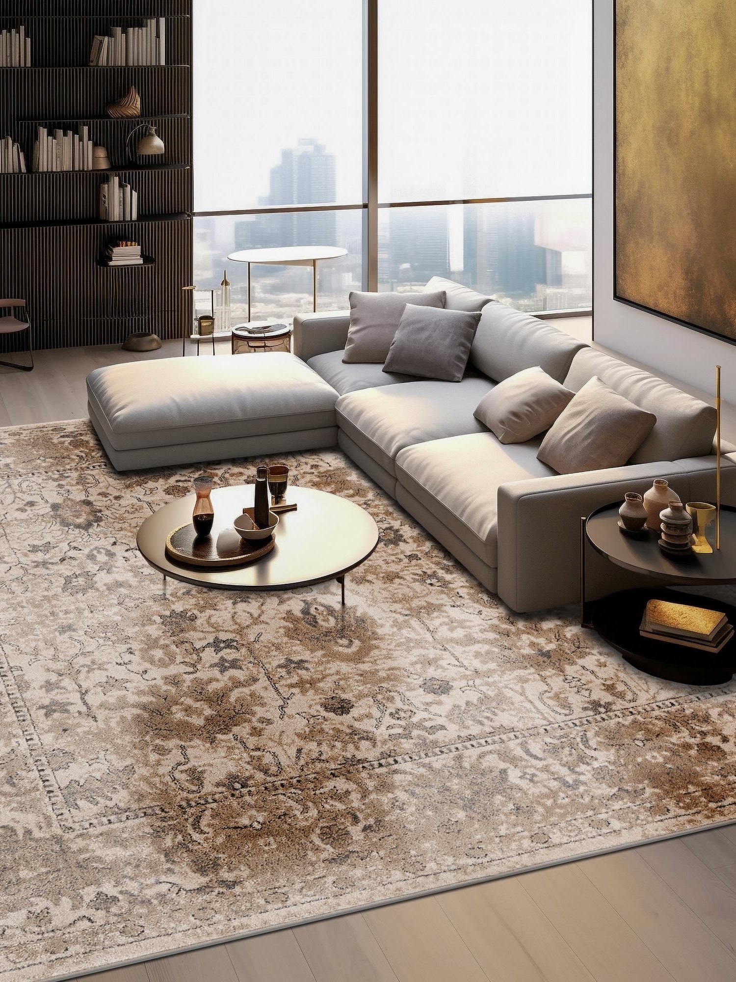 Ivory 5' 3 x 5' 3 Portland Square Area Rug 85% Polypropylene & 15% Polyester Vintage Distressed Traditional Carpet for Home Decor for Sale at Rug Engine