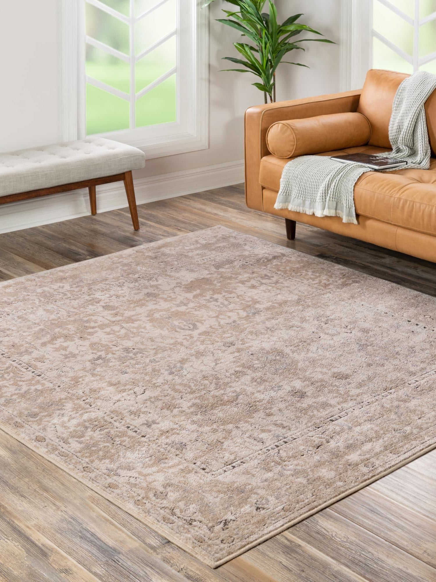 Ivory 5' 3 x 5' 3 Portland Square Area Rug 85% Polypropylene & 15% Polyester Vintage Distressed Traditional Carpet for Home Decor for Sale at Rug Engine