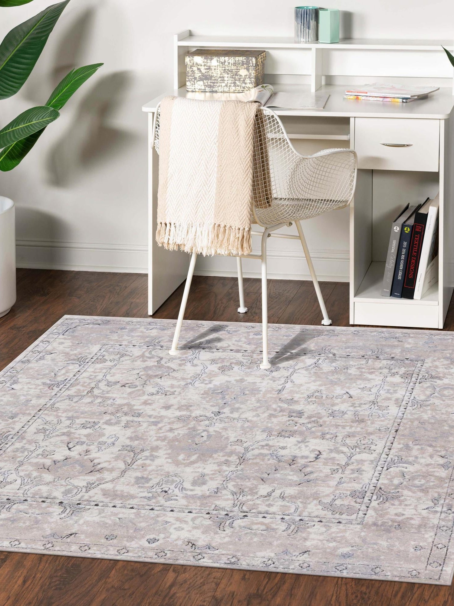 Ivory 5' 3 x 5' 3 Portland Square Area Rug 85% Polypropylene & 15% Polyester Vintage Distressed Traditional Carpet for Home Decor for Sale at Rug Engine