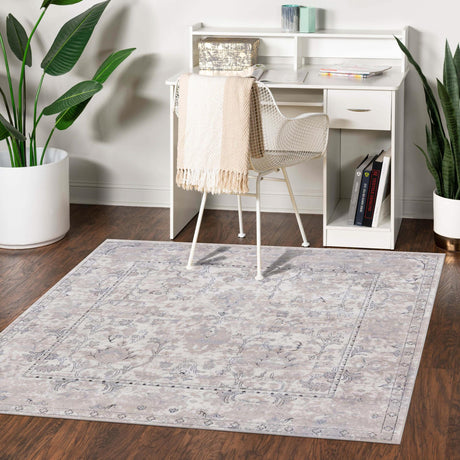 Ivory 5' 3 x 5' 3 Portland Square Area Rug 85% Polypropylene & 15% Polyester Vintage Distressed Traditional Carpet for Home Decor for Sale at Rug Engine