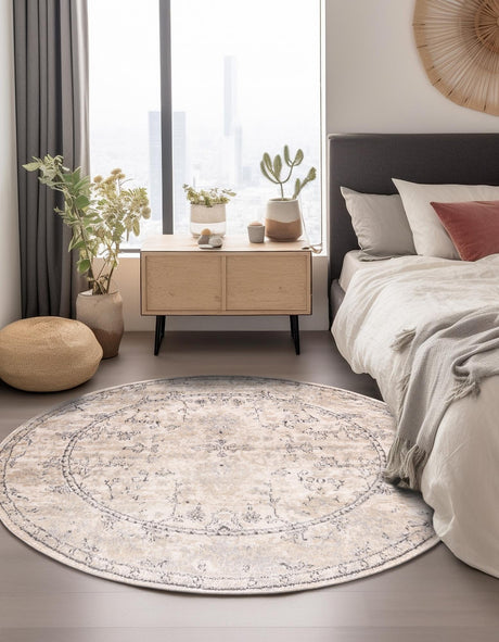 Ivory 7' 10 x 7' 10 Portland Round Area Rug 85% Polypropylene & 15% Polyester Vintage Distressed Traditional Carpet for Home Decor for Sale at Rug Engine