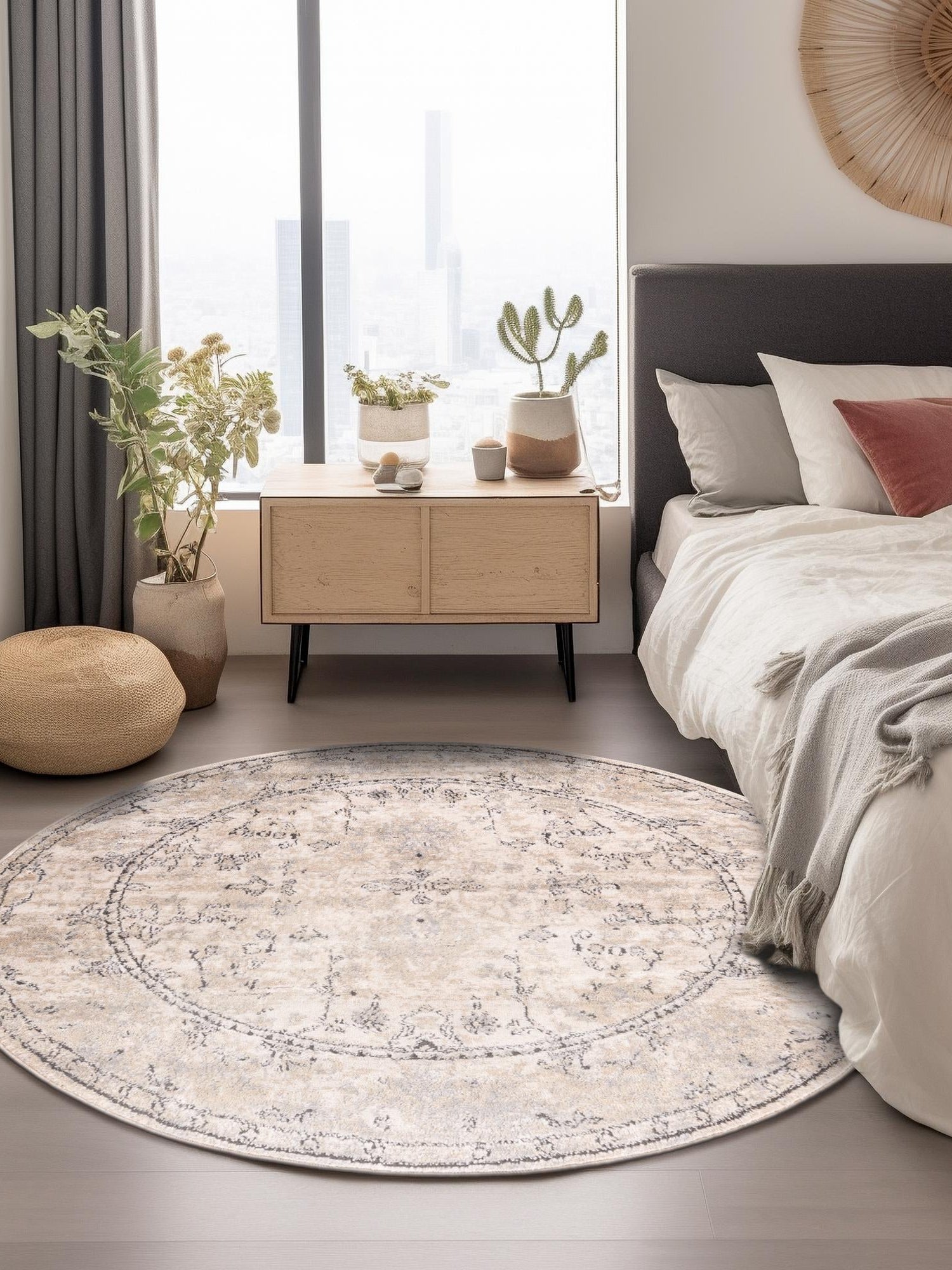 Ivory 7' 1 x 7' 1 Portland Round Area Rug 85% Polypropylene & 15% Polyester Vintage Distressed Traditional Carpet for Home Decor for Sale at Rug Engine