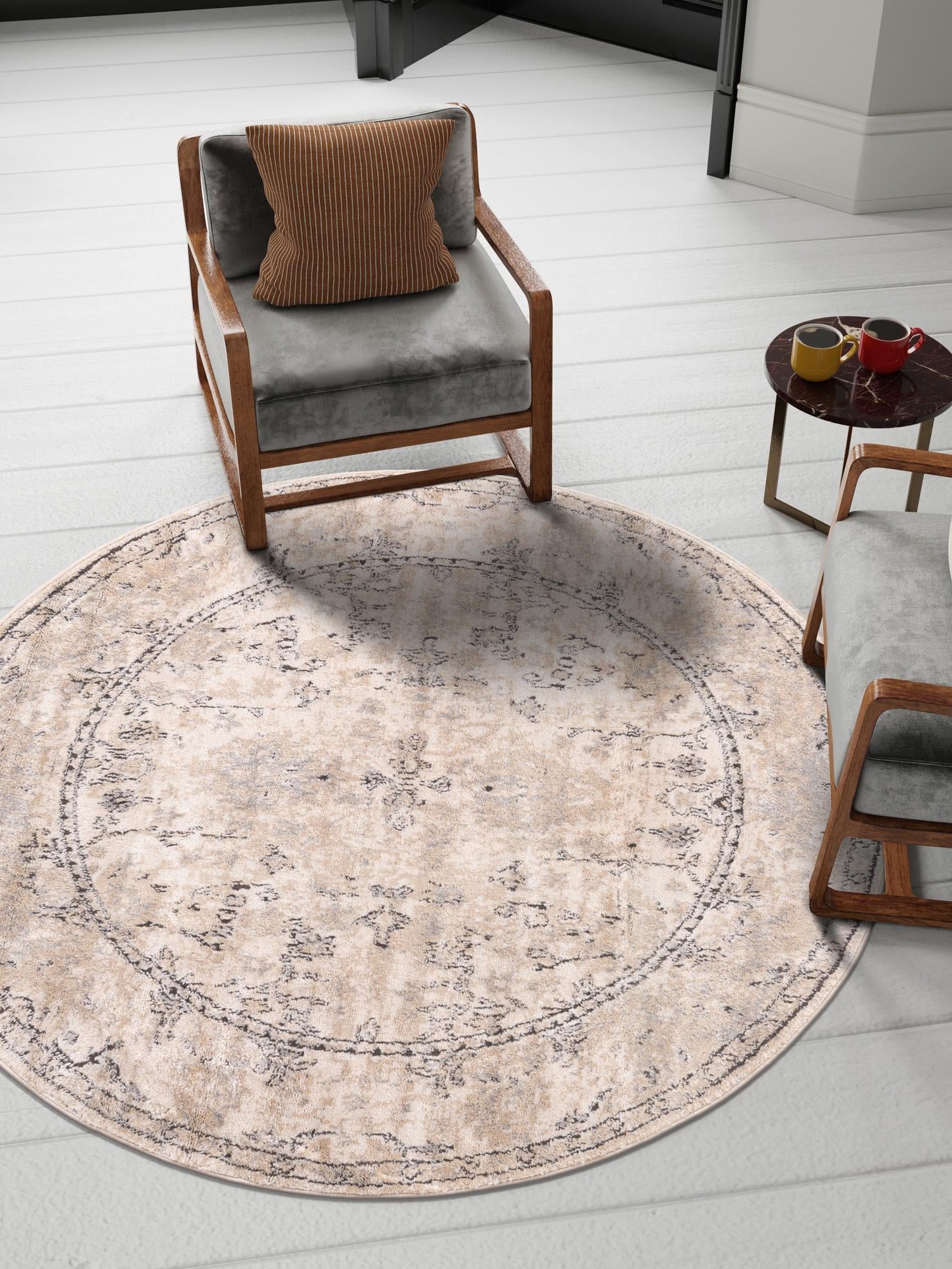 Ivory 10' x 10' Portland Round Area Rug 85% Polypropylene & 15% Polyester Vintage Distressed Traditional Carpet for Home Decor for Sale at Rug Engine