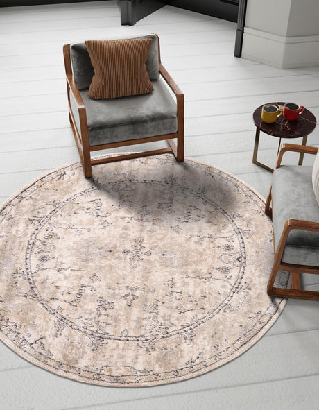 Ivory 5' 3 x 5' 3 Portland Round Area Rug 85% Polypropylene & 15% Polyester Vintage Distressed Traditional Carpet for Home Decor for Sale at Rug Engine