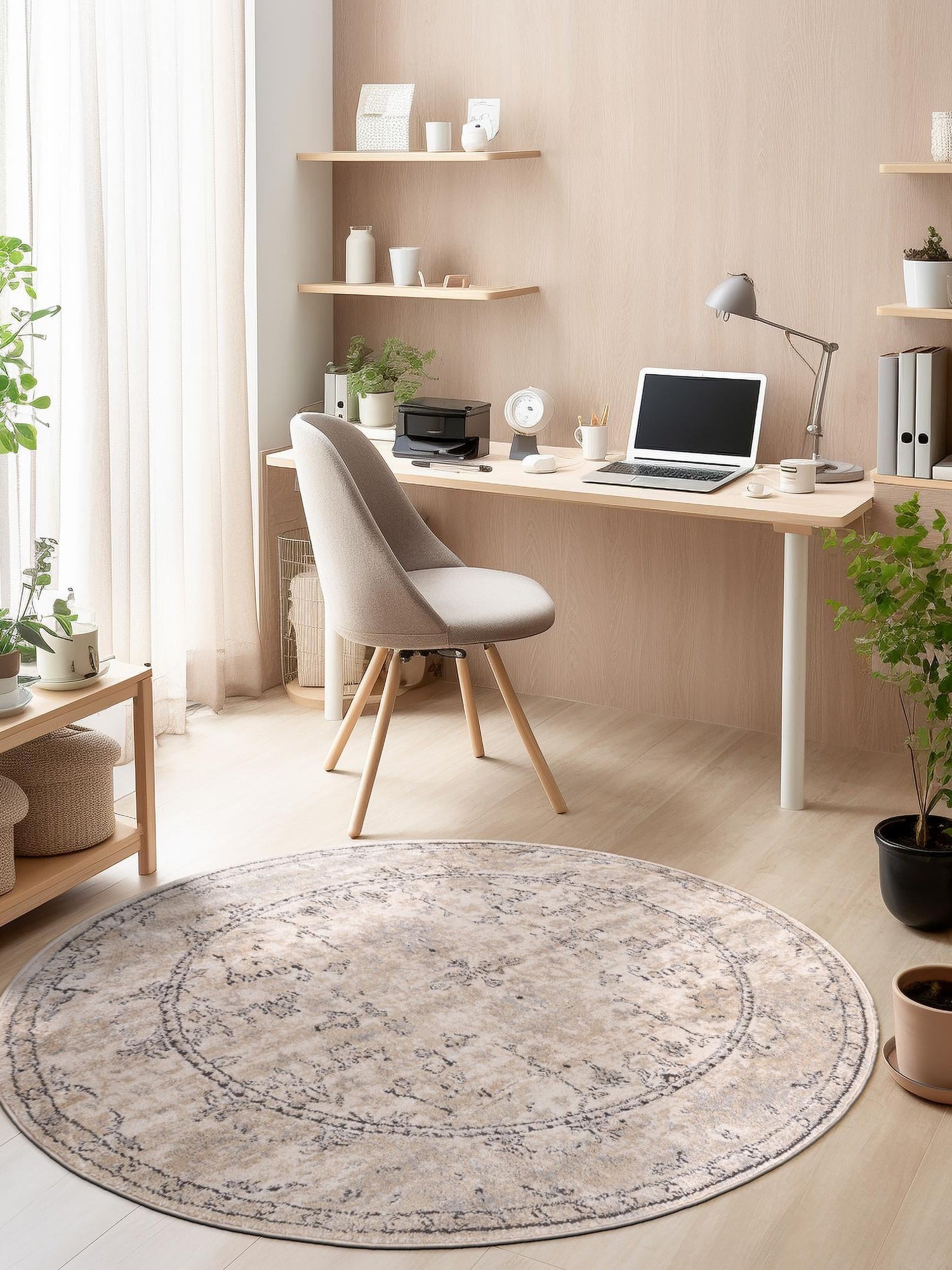 Ivory 5' 3 x 5' 3 Portland Round Area Rug 85% Polypropylene & 15% Polyester Vintage Distressed Traditional Carpet for Home Decor for Sale at Rug Engine