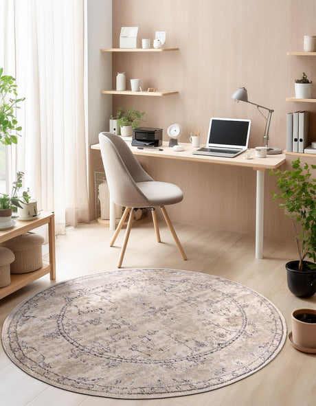 Ivory 6' 1 x 6' 1 Portland Round Area Rug 85% Polypropylene & 15% Polyester Vintage Distressed Traditional Carpet for Home Decor for Sale at Rug Engine