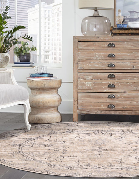 Ivory 7' 10 x 7' 10 Portland Round Area Rug 85% Polypropylene & 15% Polyester Vintage Distressed Traditional Carpet for Home Decor for Sale at Rug Engine