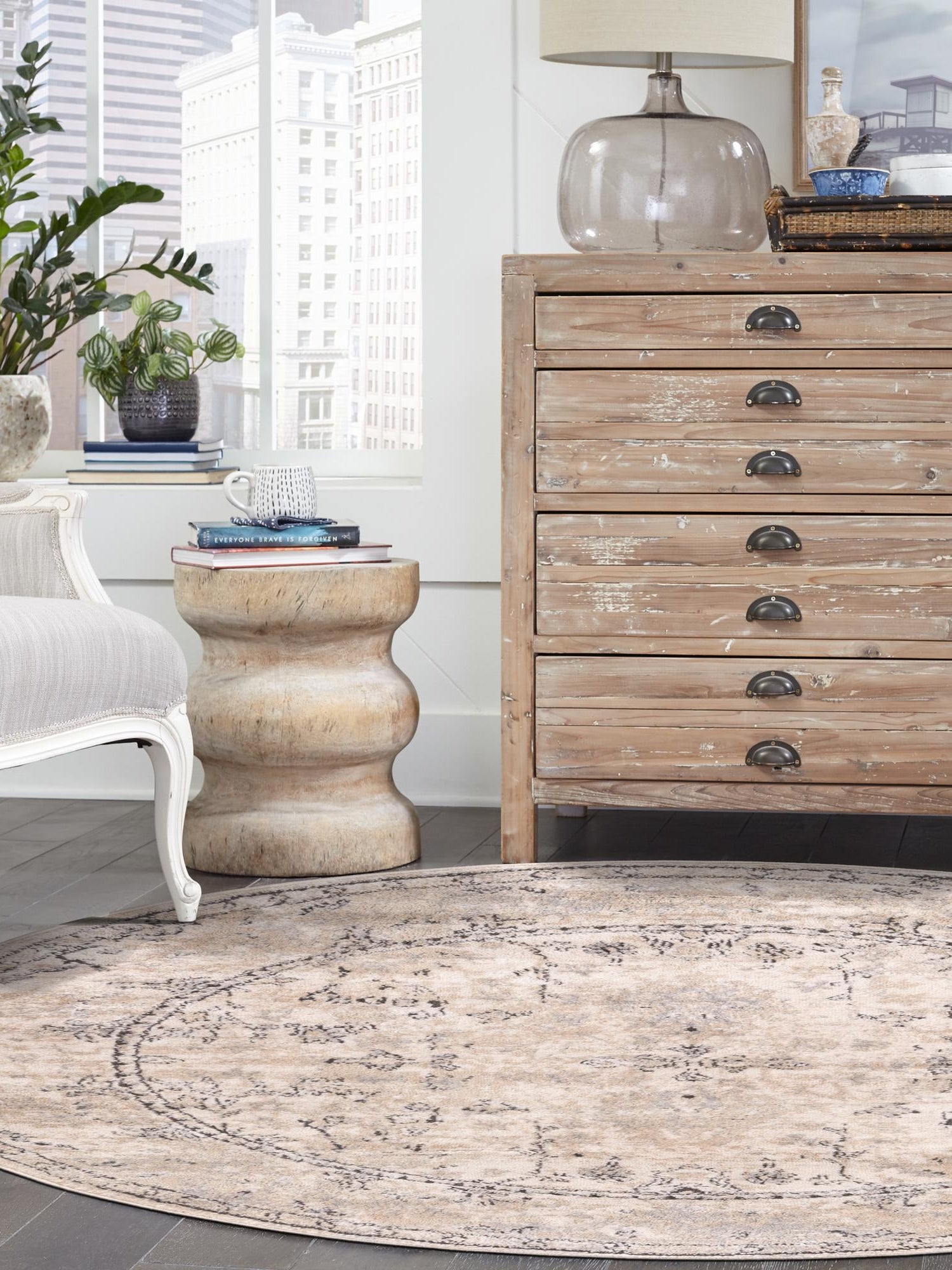 Ivory 5' 3 x 5' 3 Portland Round Area Rug 85% Polypropylene & 15% Polyester Vintage Distressed Traditional Carpet for Home Decor for Sale at Rug Engine
