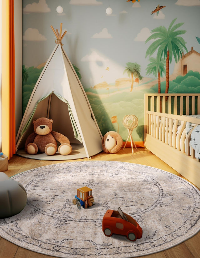 Ivory 6' 1 x 6' 1 Portland Round Area Rug 85% Polypropylene & 15% Polyester Vintage Distressed Traditional Carpet for Home Decor for Sale at Rug Engine