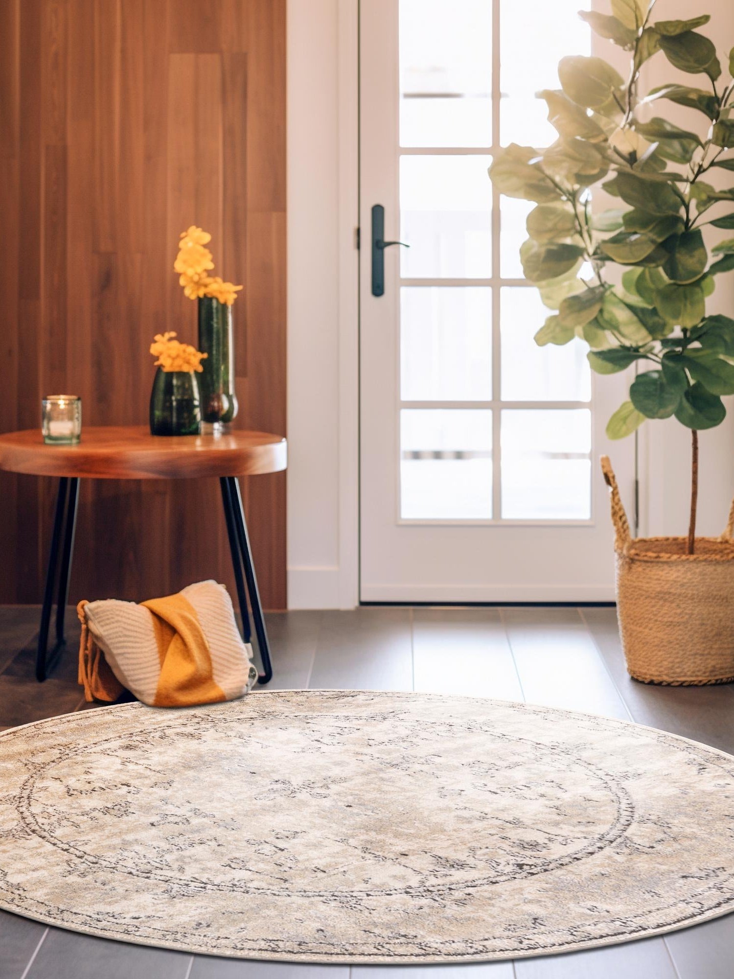 Ivory 5' 3 x 5' 3 Portland Round Area Rug 85% Polypropylene & 15% Polyester Vintage Distressed Traditional Carpet for Home Decor for Sale at Rug Engine