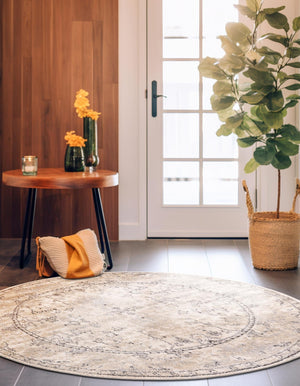 Ivory 4' 1 x 4' 1 Portland Round Area Rug 85% Polypropylene & 15% Polyester Vintage Distressed Traditional Carpet for Home Decor for Sale at Rug Engine