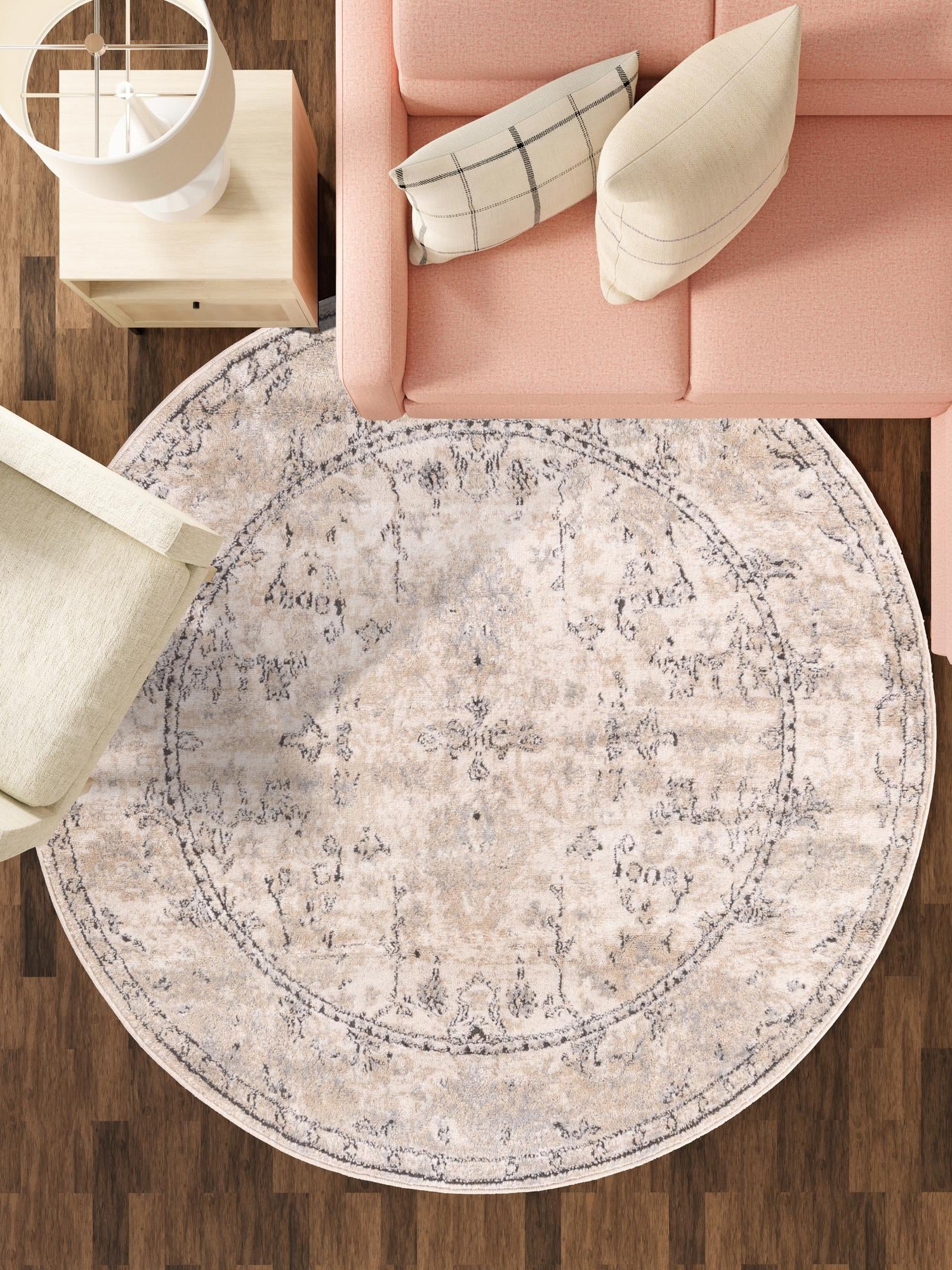 Ivory 10' x 10' Portland Round Area Rug 85% Polypropylene & 15% Polyester Vintage Distressed Traditional Carpet for Home Decor for Sale at Rug Engine