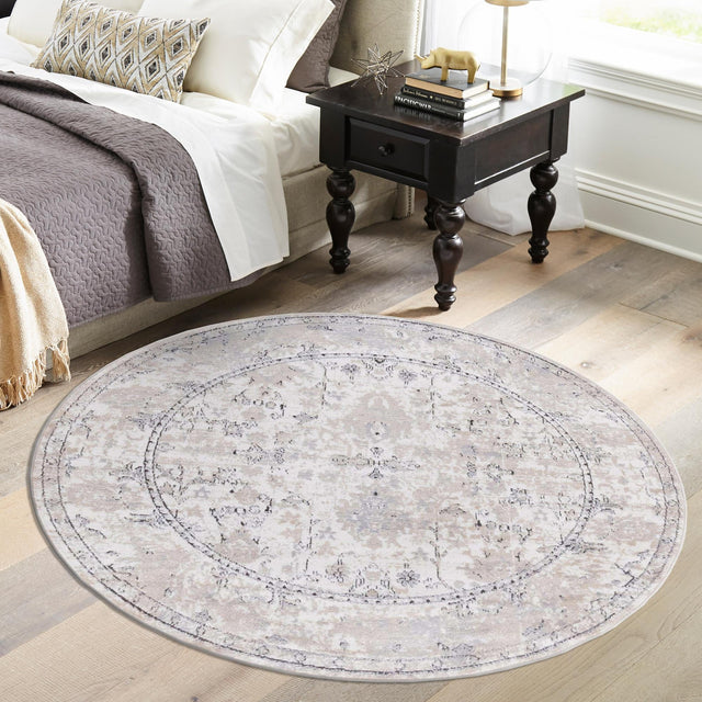 Ivory 7' 10 x 7' 10 Portland Round Area Rug 85% Polypropylene & 15% Polyester Vintage Distressed Traditional Carpet for Home Decor for Sale at Rug Engine