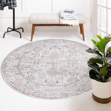 Ivory 7' 10 x 7' 10 Portland Round Area Rug 85% Polypropylene & 15% Polyester Vintage Distressed Traditional Carpet for Home Decor for Sale at Rug Engine