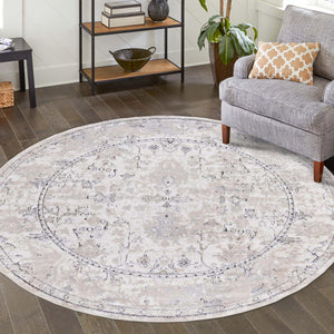 Ivory 7' 10 x 7' 10 Portland Round Area Rug 85% Polypropylene & 15% Polyester Vintage Distressed Traditional Carpet for Home Decor for Sale at Rug Engine