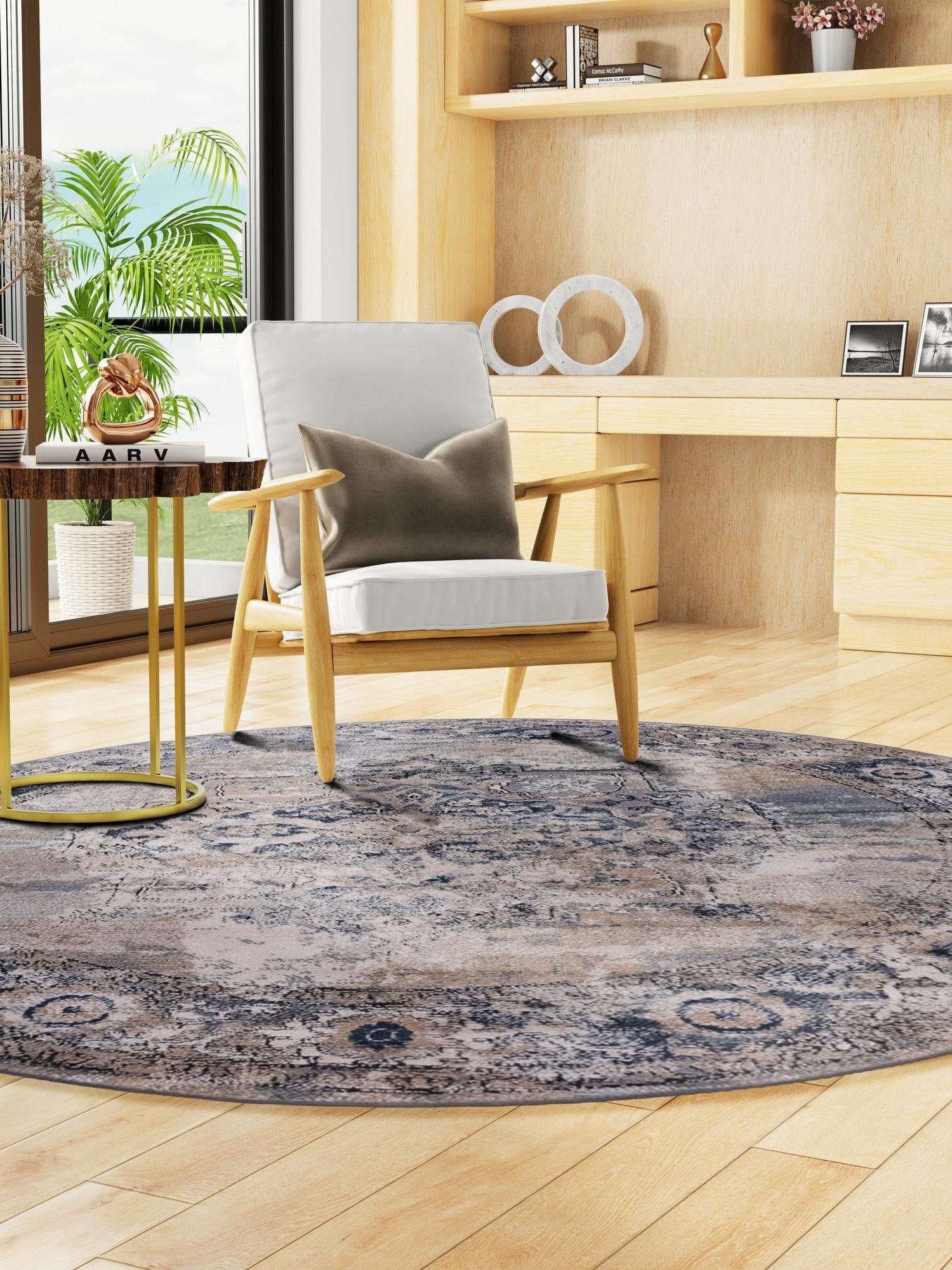 Gray 12' x 12' Portland Round Area Rug 85% Polypropylene & 15% Polyester Vintage Distressed Traditional Carpet for Home Decor for Sale at Rug Engine