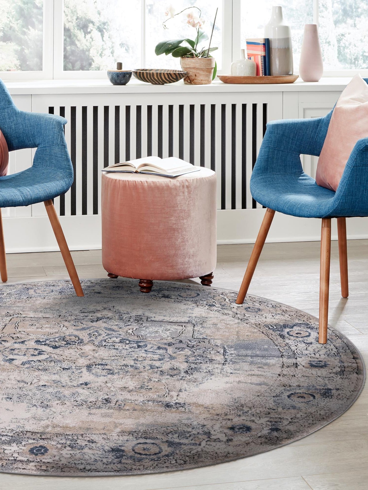 Gray 7' 1 x 7' 1 Portland Round Area Rug 85% Polypropylene & 15% Polyester Vintage Distressed Traditional Carpet for Home Decor for Sale at Rug Engine