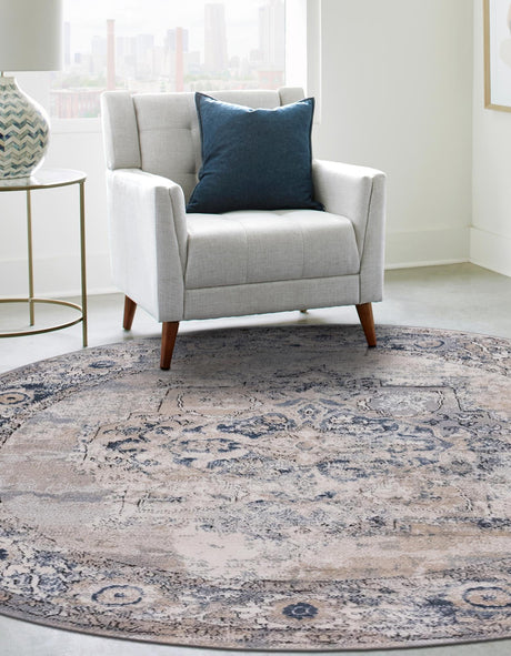 Gray 6' 1 x 6' 1 Portland Round Area Rug 85% Polypropylene & 15% Polyester Vintage Distressed Traditional Carpet for Home Decor for Sale at Rug Engine