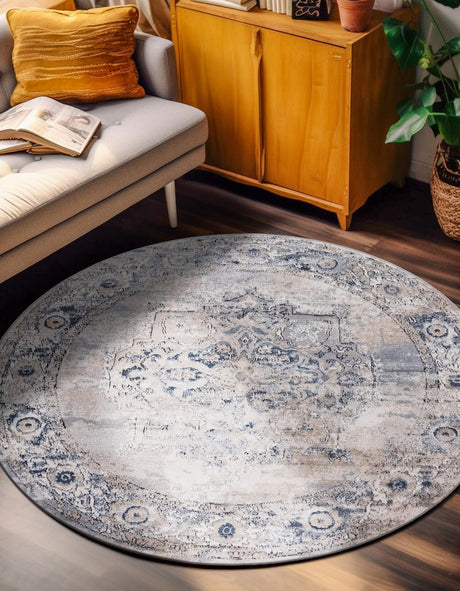 Gray 7' 1 x 7' 1 Portland Round Area Rug 85% Polypropylene & 15% Polyester Vintage Distressed Traditional Carpet for Home Decor for Sale at Rug Engine