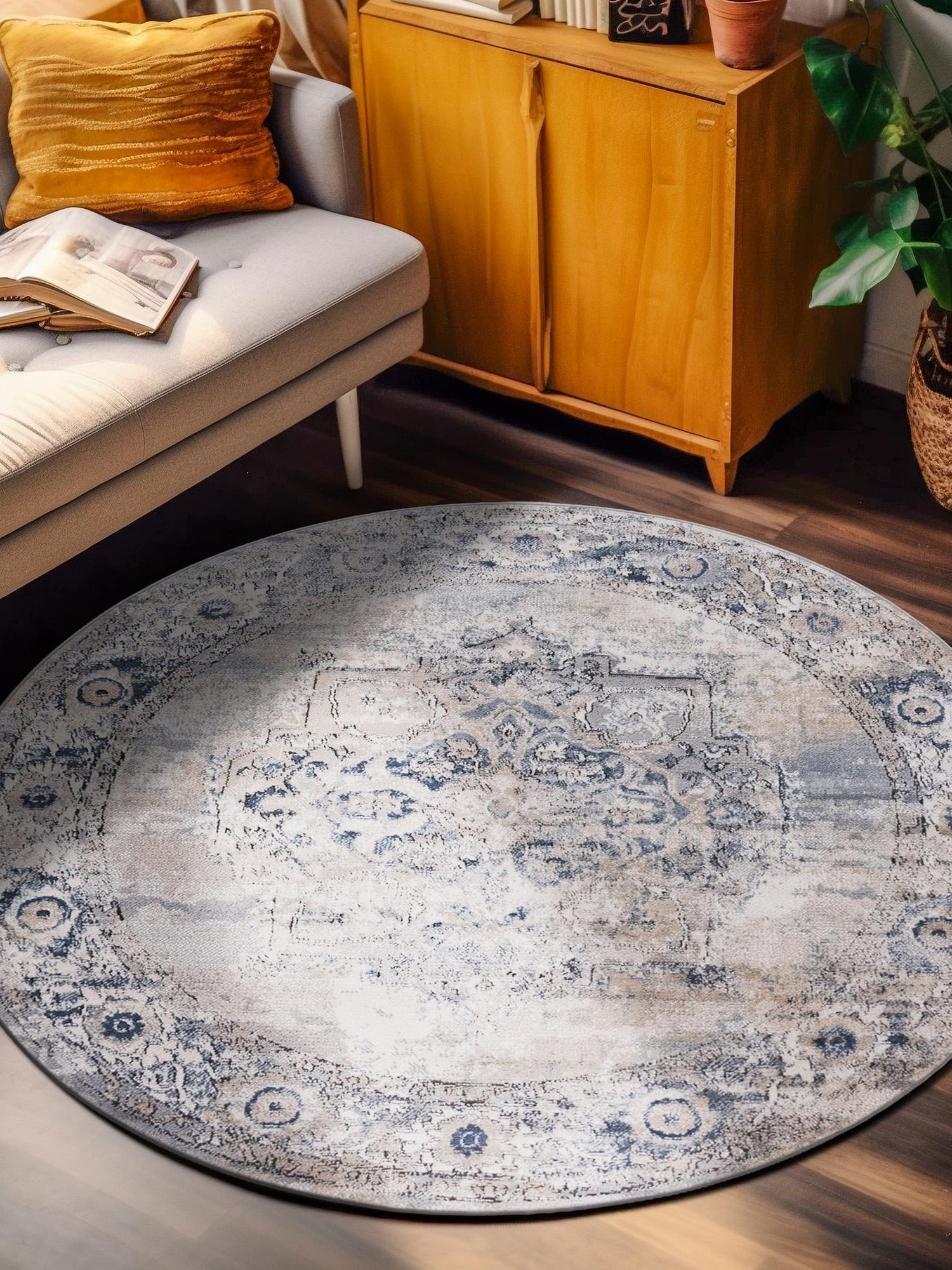 Gray 10' x 10' Portland Round Area Rug 85% Polypropylene & 15% Polyester Vintage Distressed Traditional Carpet for Home Decor for Sale at Rug Engine