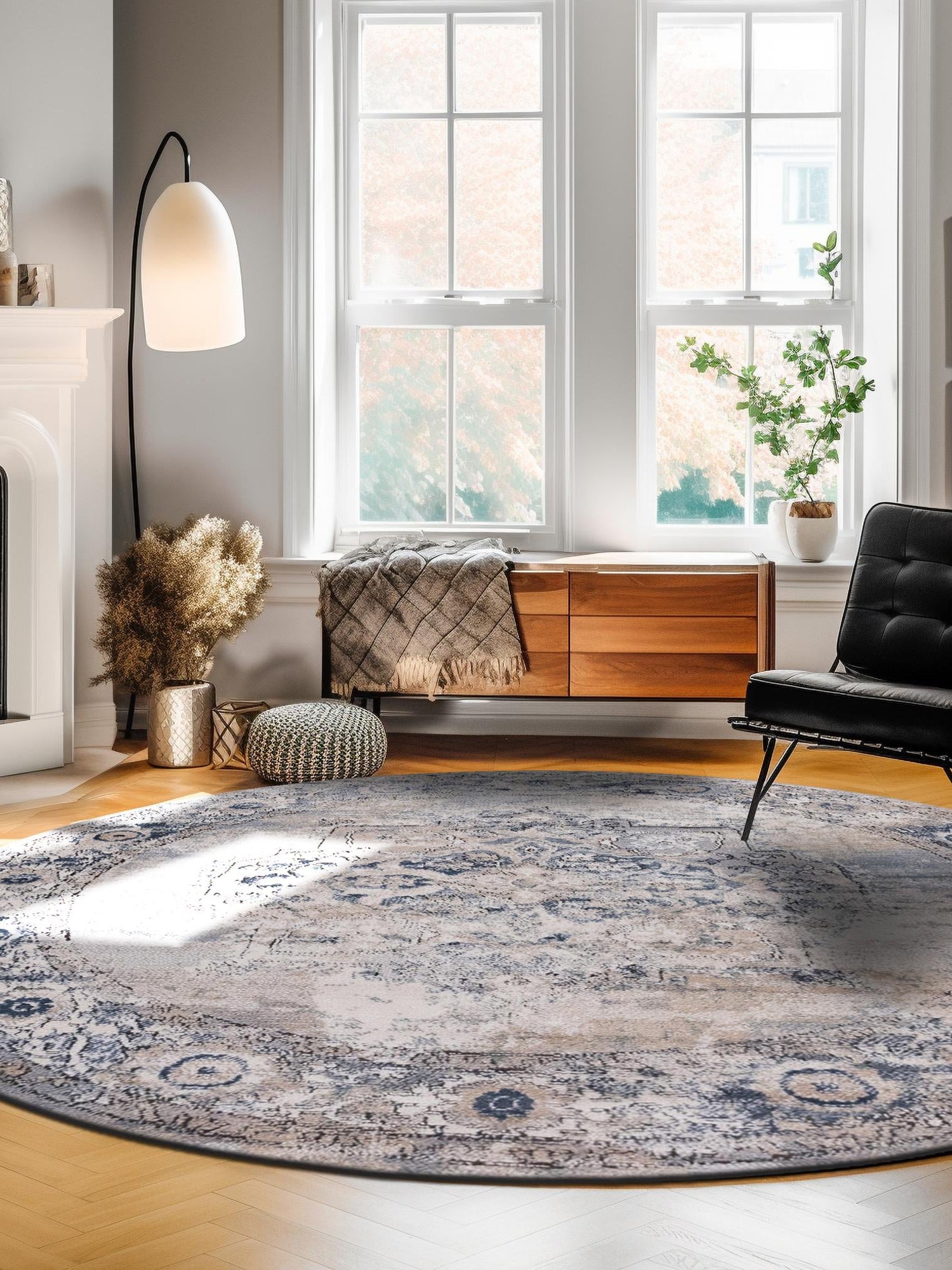 Gray 10' x 10' Portland Round Area Rug 85% Polypropylene & 15% Polyester Vintage Distressed Traditional Carpet for Home Decor for Sale at Rug Engine