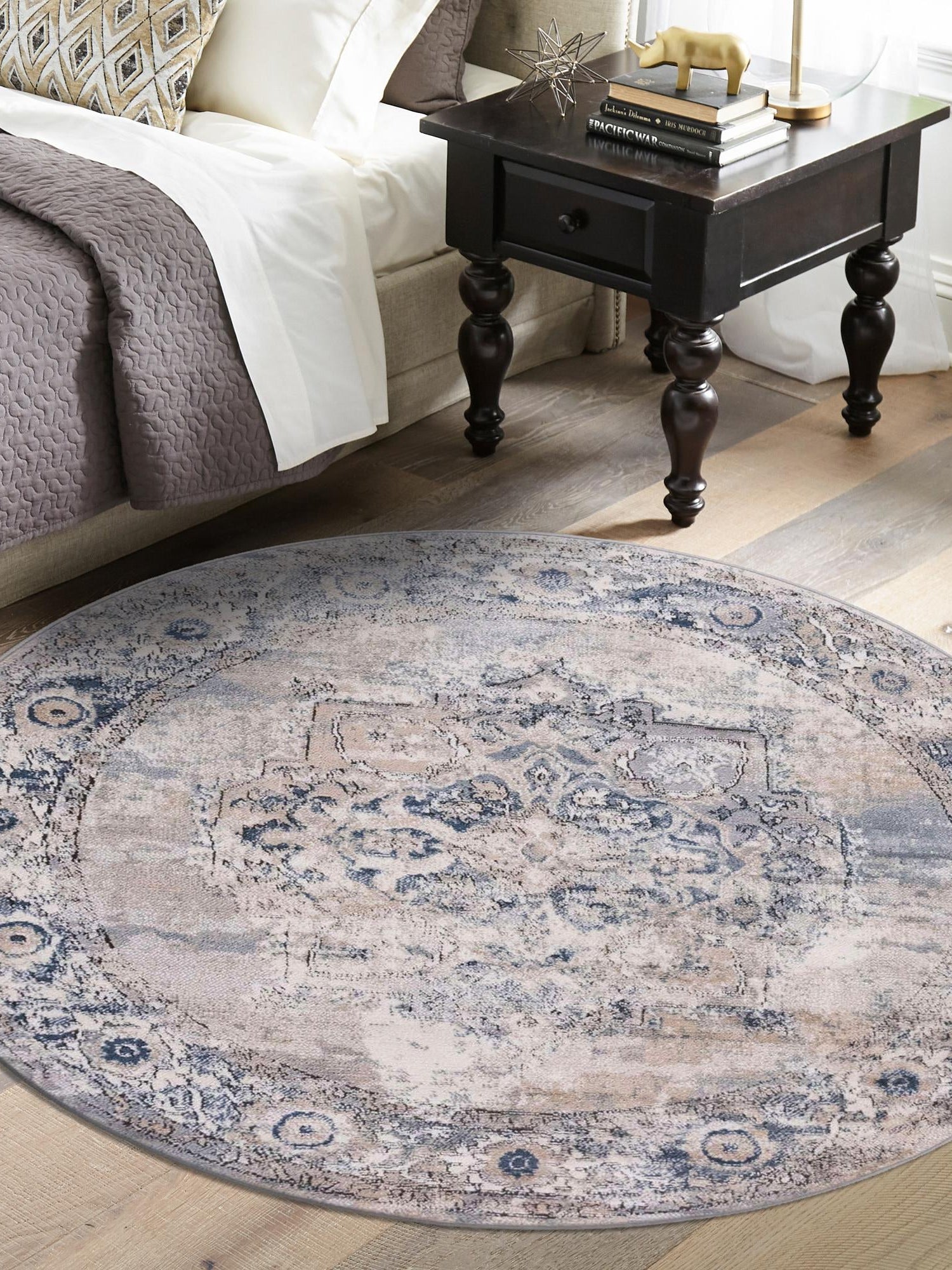 Gray 7' 1 x 7' 1 Portland Round Area Rug 85% Polypropylene & 15% Polyester Vintage Distressed Traditional Carpet for Home Decor for Sale at Rug Engine