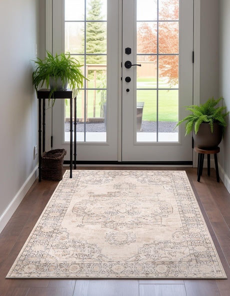 Ivory 9' x 12' Portland Rectangle Area Rug 85% Polypropylene & 15% Polyester Vintage Distressed Traditional Carpet for Home Decor for Sale at Rug Engine