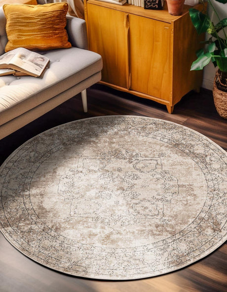 Ivory 7' 10 x 7' 10 Portland Round Area Rug 85% Polypropylene & 15% Polyester Vintage Distressed Traditional Carpet for Home Decor for Sale at Rug Engine
