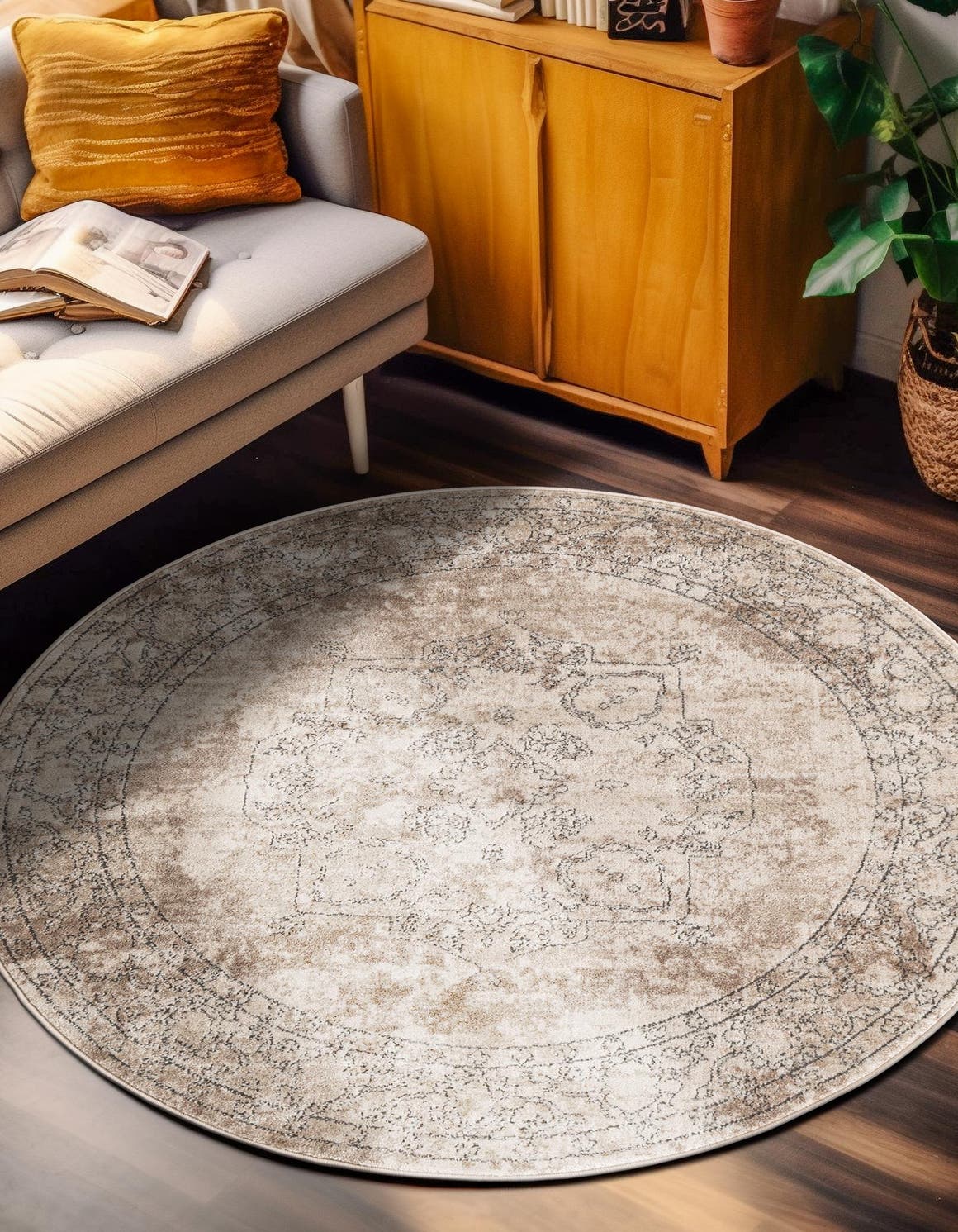 Ivory 5' 3 x 5' 3 Portland Round Area Rug 85% Polypropylene & 15% Polyester Vintage Distressed Traditional Carpet for Home Decor for Sale at Rug Engine