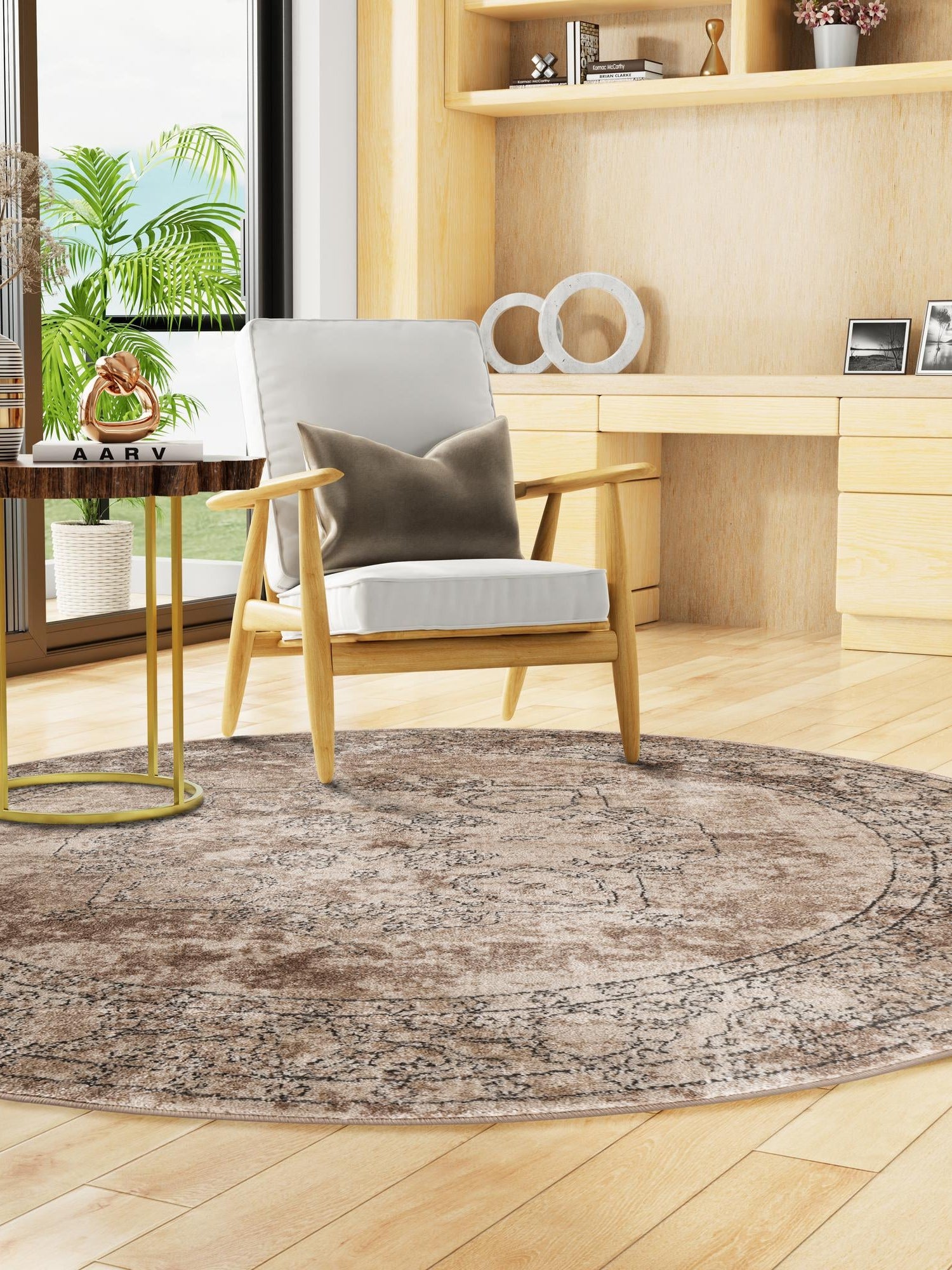 Ivory 7' 10 x 7' 10 Portland Round Area Rug 85% Polypropylene & 15% Polyester Vintage Distressed Traditional Carpet for Home Decor for Sale at Rug Engine