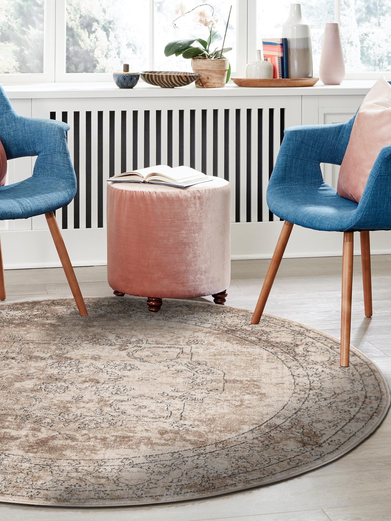 Ivory 6' 1 x 6' 1 Portland Round Area Rug 85% Polypropylene & 15% Polyester Vintage Distressed Traditional Carpet for Home Decor for Sale at Rug Engine