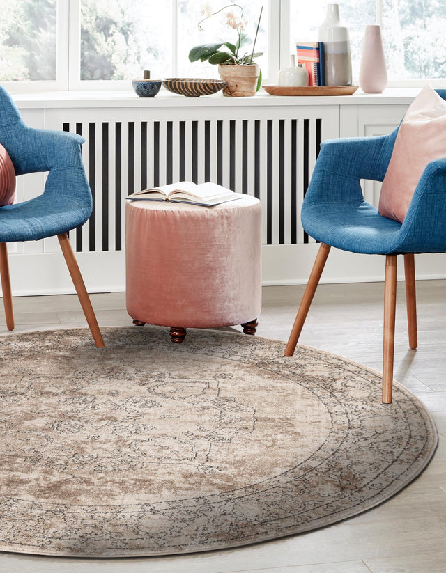 Ivory 6' 1 x 6' 1 Portland Round Area Rug 85% Polypropylene & 15% Polyester Vintage Distressed Traditional Carpet for Home Decor for Sale at Rug Engine