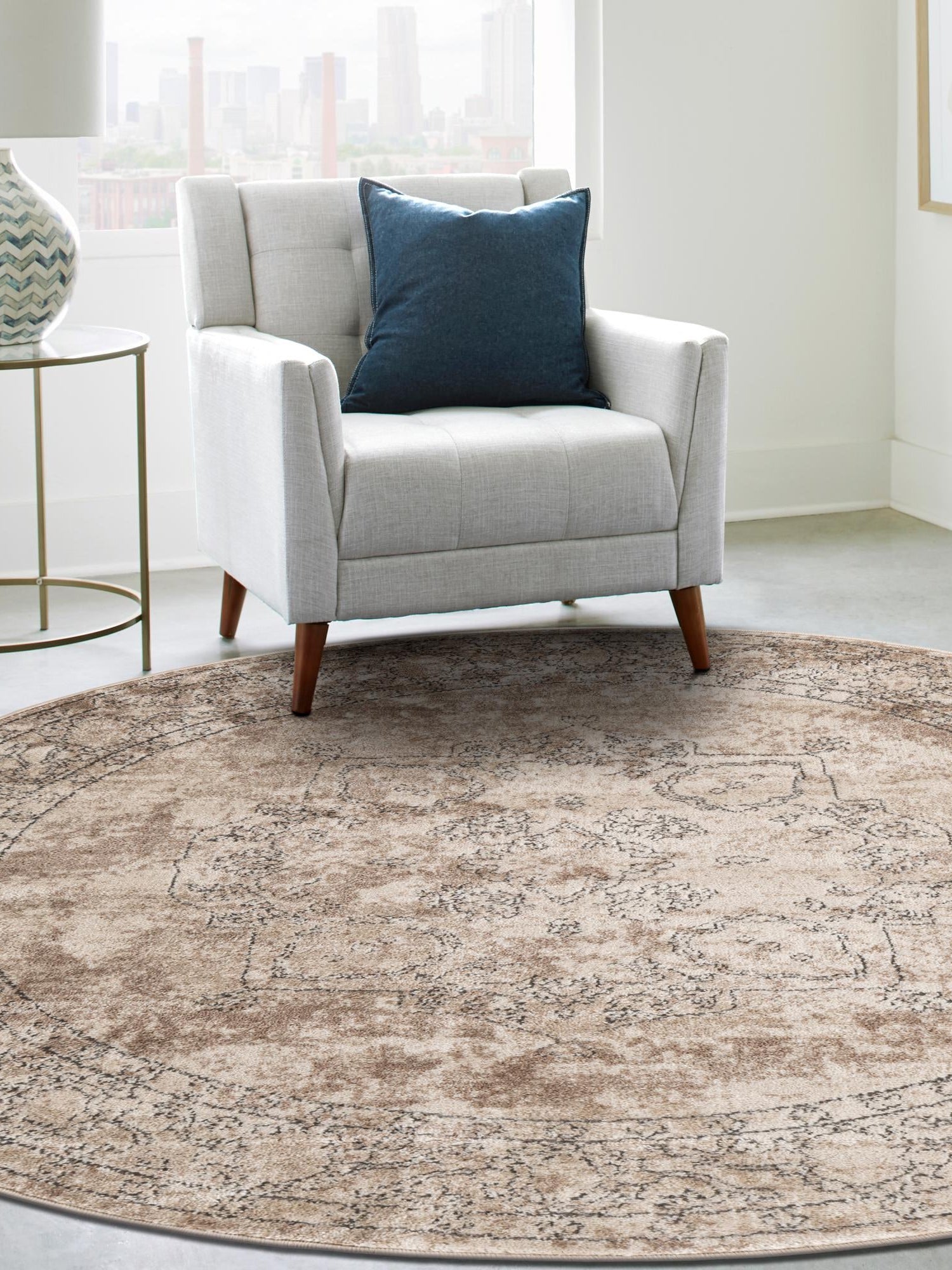 Ivory 5' 3 x 5' 3 Portland Round Area Rug 85% Polypropylene & 15% Polyester Vintage Distressed Traditional Carpet for Home Decor for Sale at Rug Engine