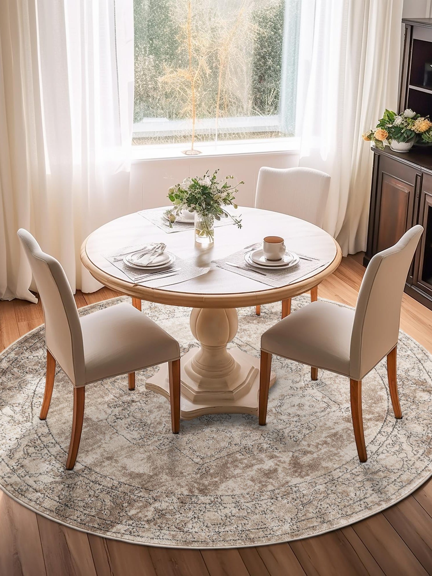 Ivory 4' 1 x 4' 1 Portland Round Area Rug 85% Polypropylene & 15% Polyester Vintage Distressed Traditional Carpet for Home Decor for Sale at Rug Engine
