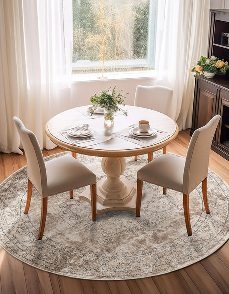 Ivory 7' 10 x 7' 10 Portland Round Area Rug 85% Polypropylene & 15% Polyester Vintage Distressed Traditional Carpet for Home Decor for Sale at Rug Engine
