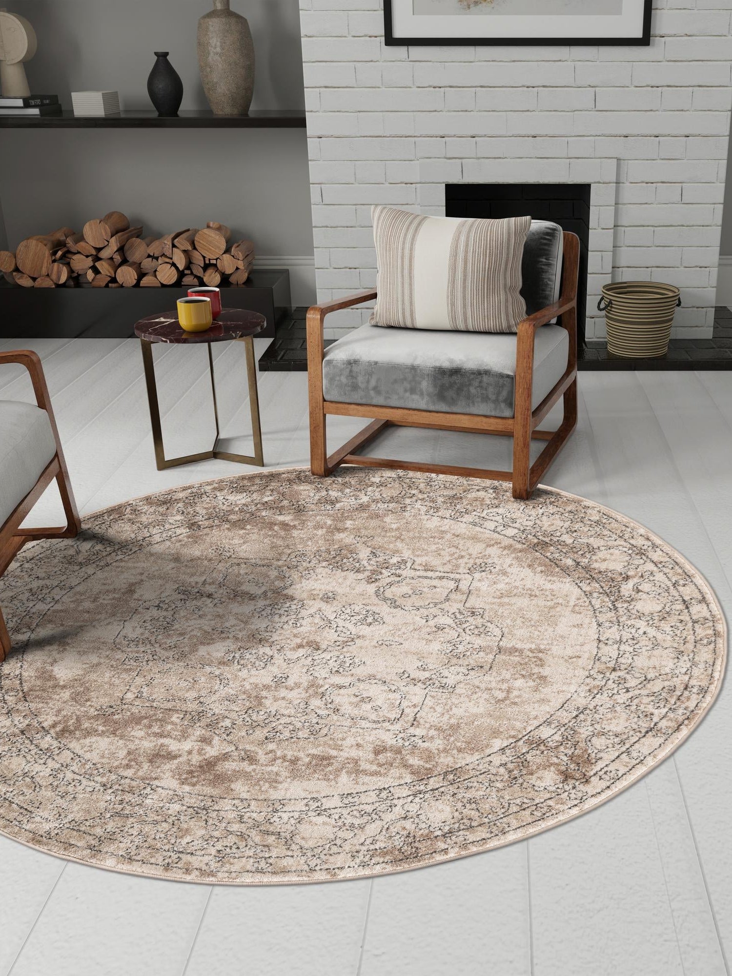 Ivory 4' 1 x 4' 1 Portland Round Area Rug 85% Polypropylene & 15% Polyester Vintage Distressed Traditional Carpet for Home Decor for Sale at Rug Engine