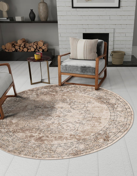 Ivory 7' 10 x 7' 10 Portland Round Area Rug 85% Polypropylene & 15% Polyester Vintage Distressed Traditional Carpet for Home Decor for Sale at Rug Engine