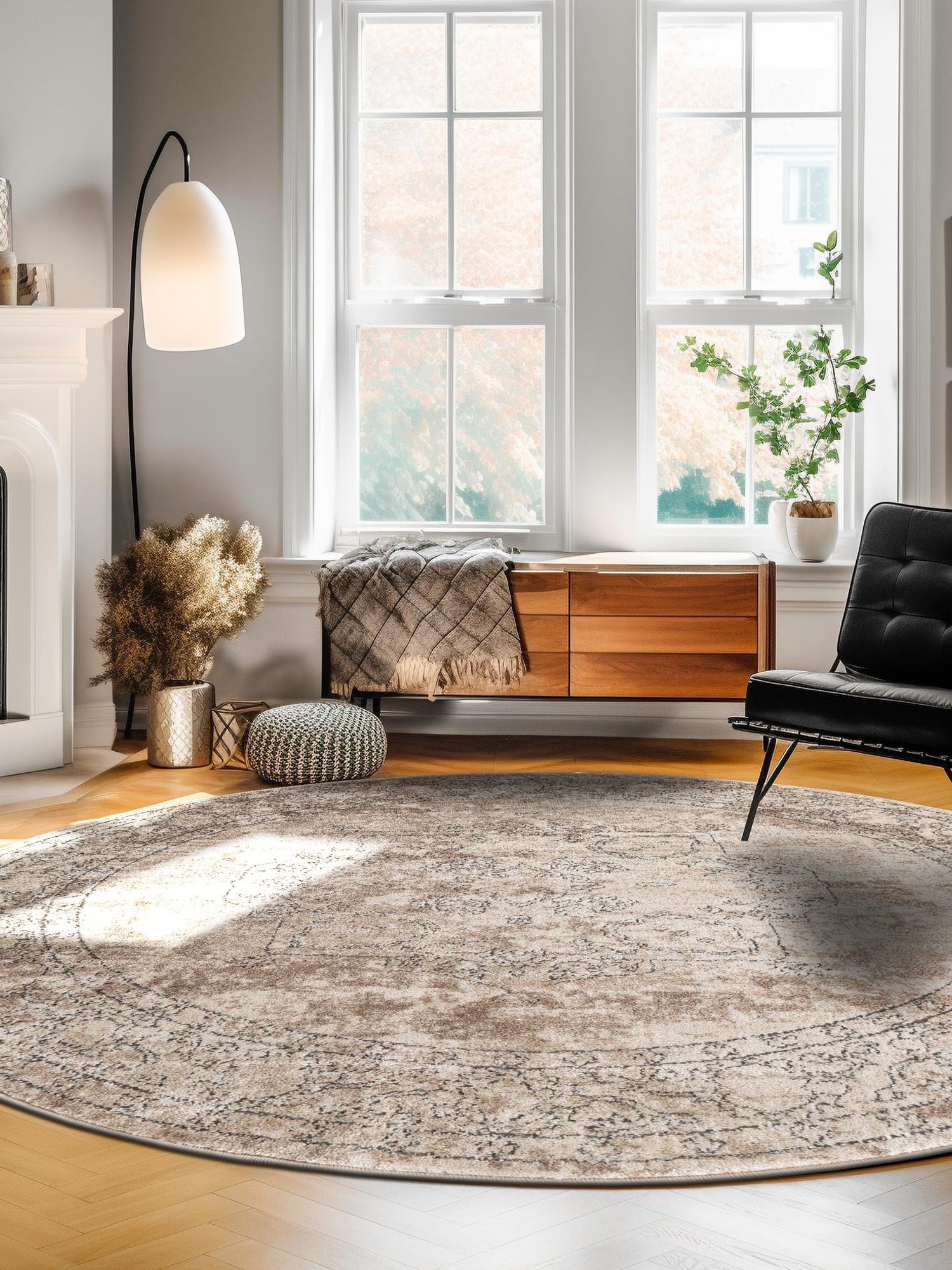 Ivory 6' 1 x 6' 1 Portland Round Area Rug 85% Polypropylene & 15% Polyester Vintage Distressed Traditional Carpet for Home Decor for Sale at Rug Engine
