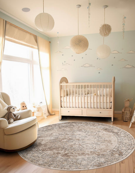 Ivory 7' 10 x 7' 10 Portland Round Area Rug 85% Polypropylene & 15% Polyester Vintage Distressed Traditional Carpet for Home Decor for Sale at Rug Engine